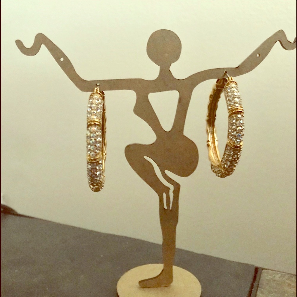 CZ Pave 14k Gold-Plated Bamboo Hoop Earrings New